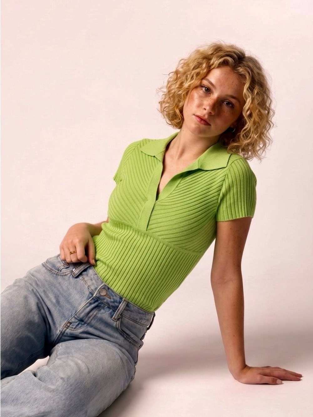 INC International Concepts Ribbed Polo Short-Sleeve Top in Lime